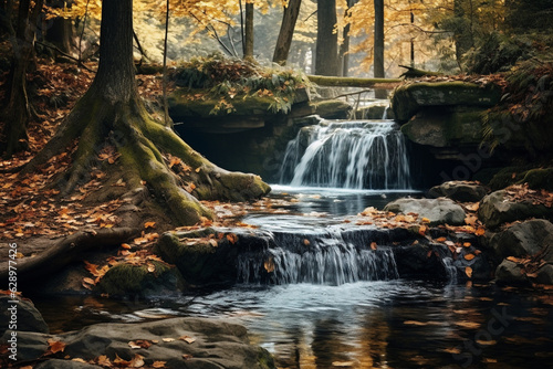 small waterfall on autumn day in a forest. High quality photo