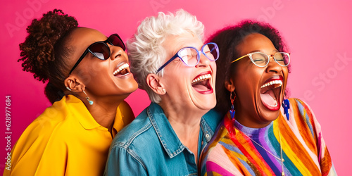 Inspirational trio of differently-abled women joyfully expressing their enthusiasm; promoting inclusivity against a vibrant rainbow backdrop. Generative AI photo
