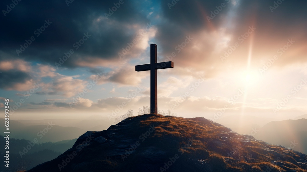cross on the top of a mountain. Generative AI illustrator cross on the top of a mountain. Generative AI illustrator