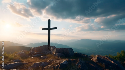 cross on the top of a mountain. Generative AI illustrator