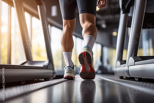 Healthy Lifestyle Concept: Male Feet Jogging on Treadmill in Gym. AI © Usmanify