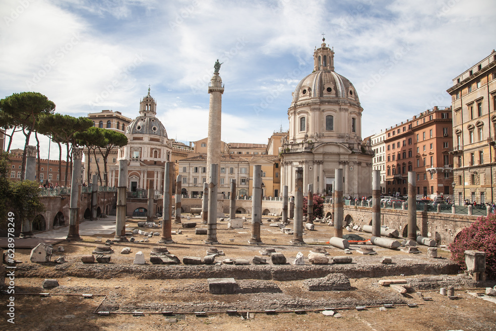 Trajan's Forum and Church of Santa Maria di Loreto in the background, Rome, Italy.
