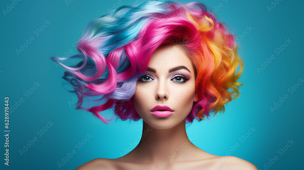 Colorful Hair model Portrait banner with empty space on the side for text. Generative AI