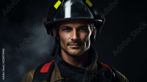 Colorful Firefighter Portrait banner with empty space on the side for text. Generative AI