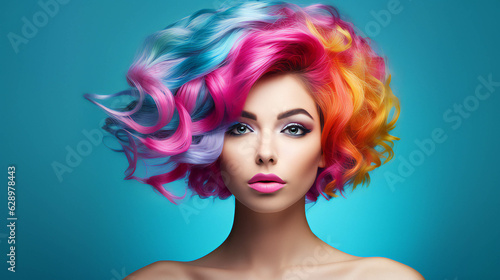 Colorful Hair model Portrait banner with empty space on the side for text. Generative AI