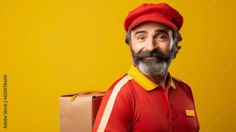 Fototapeta premium Colorful Postman Portrait banner with empty space on the side for text. Generative AI