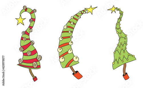 set of skinny funny crazy bright green Christmas trees