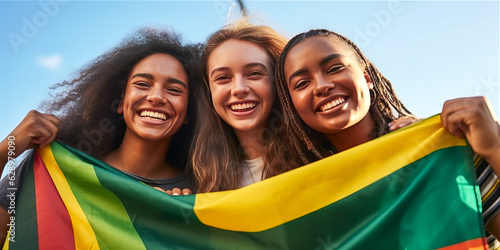 Vibrant scene of three jubilant women from diverse backgrounds, passionately waving their heritage flags at a football & field-green setting. Generative AI