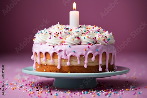 Vibrant Layered Birthday Cake with Sprinkles on Pastel Background. AI
