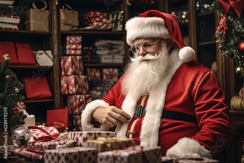 Warehouse of gifts of Santa Claus. Accounting and distribution for all children on the planet. Santa Claus sits in the warehouse of his factory and keeps a record of gifts.