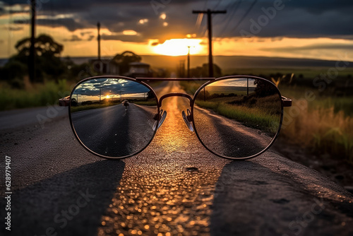 Reflection in sunglasses of the setting sun on a rain drenched country road. Generative AI.
