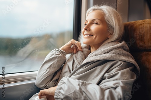 Journey alone with yourself and your thoughts. A middle-aged woman rides a train, smiling thoughtfully, looking out the window. Digital detox and offline concept.