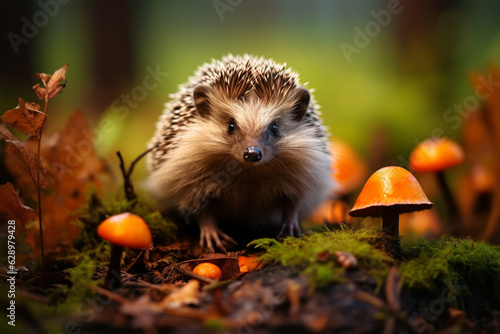 orange leaves in autumn and a hedgehog. Erinaceus europaeus, a European hedgehog. Photo taken with a wide angle lens. With snipes, a cute and funny animal. High quality photo