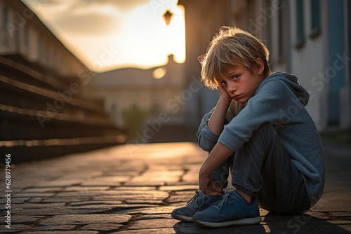 Canvas Print Little sad child sitting on the street of the city
