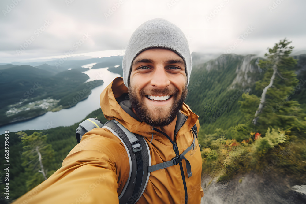 Young Hiker Capturing Mountain Triumph: Happy Guy's Selfie at the Summit - Exploring Tourism, Sport Lifestyle, and Social Media Influence