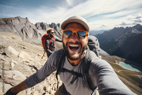 Young Hiker Capturing Mountain Triumph: Happy Guy's Selfie at the Summit - Exploring Tourism, Sport Lifestyle, and Social Media Influence