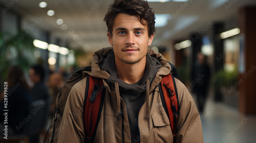 portrait of handsome man wearing backpack smiling while standing in modern city.generative ai