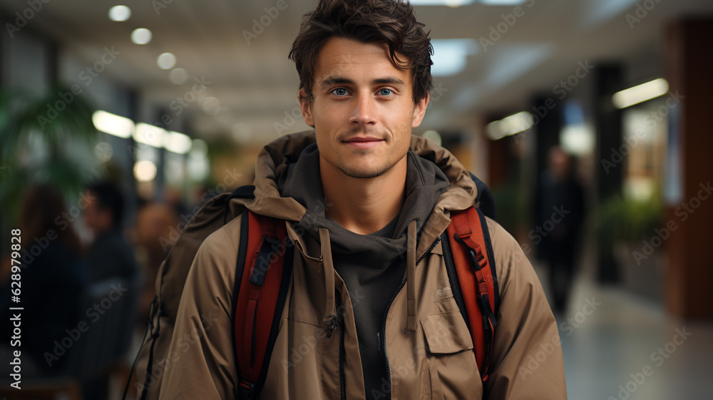 portrait of handsome man wearing backpack smiling while standing in modern city.generative ai portrait of handsome man wearing backpack smiling while standing in modern city.generative ai