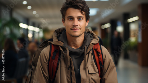 portrait of handsome man wearing backpack smiling while standing in modern city.generative ai