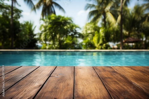 Empty Wooden Surface with Hotel Swimming Pool Background for Summer Travel. AI