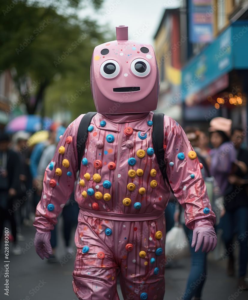 A Person in a Pink Character Costume-Walking Down the Street