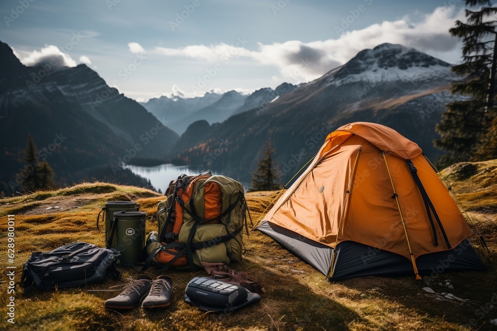 Necessary Gear for Mountain Hiking in the Wilderness: Camping Equipment & Accessories. AI - obrazy, fototapety, plakaty 