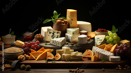 various types of cheese with grapes and nuts on wooden cutting board.generative ai