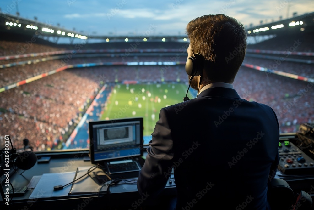 Back View of World Cup Final Football Match Commentator. AI - obrazy, fototapety, plakaty 