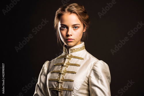 Enchanting young lady in royal gown demonstrates fierce determination while fencing, set against a plain studio background. Generative AI