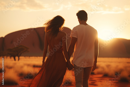 Young couple traveling and walking in Australia desert. Uluru also known as Ayers Rock sandstone formation in background. Man and woman view from behind. Sunset summer background. Generative AI