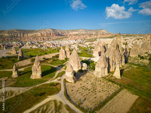 Fairy chimneys in Goreme Historic National Park in Cappadocia, Central Anatolia, Nevsehir Province, Turkey. Goreme Historic National Park is a UNESCO World Heritage Site since 1985. 
