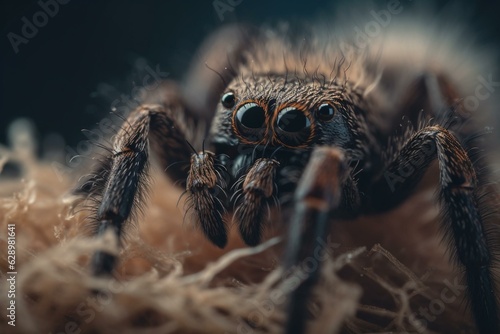 Detailed macro shot of fuzzy spider. Generative AI