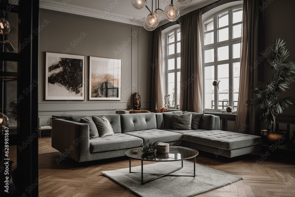 Fototapeta premium Modern living space with spacious sofa in an open apartment. Generative AI