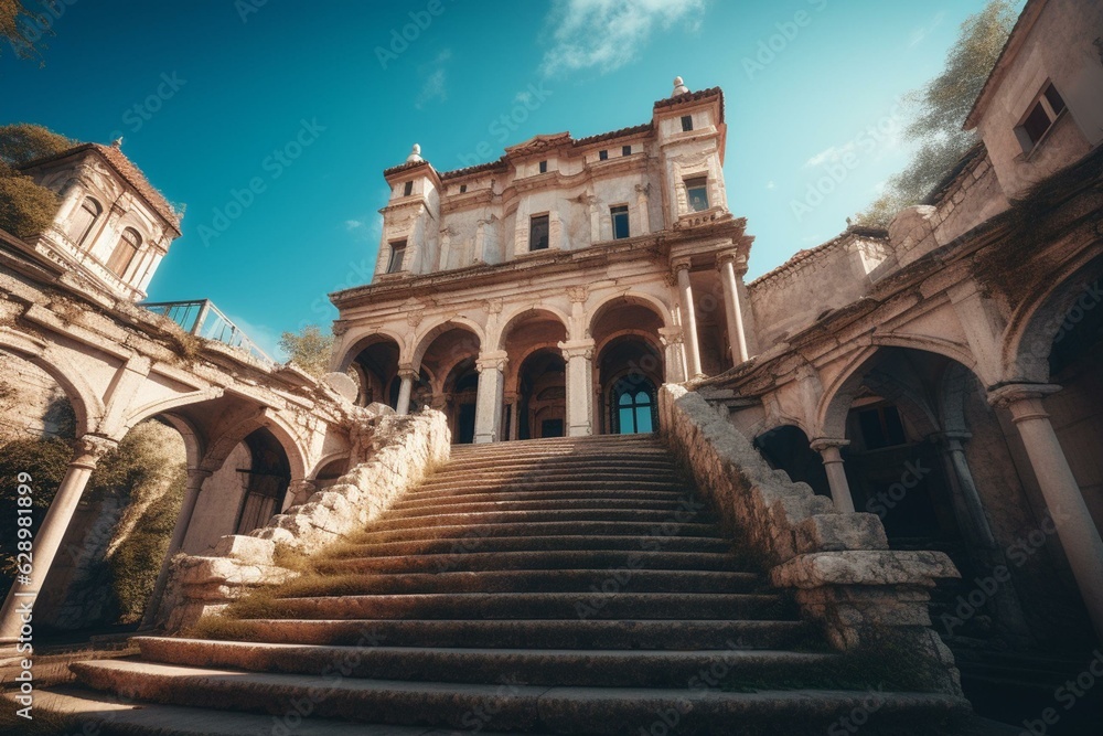 Beautiful 3d architectural buildings with stairs and arches, castle and ancient housing against blue sky. Perfect for travel or advertising. Generative AI