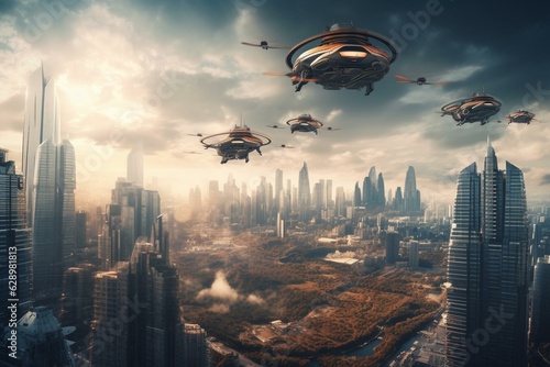 Detailed city of the future in space with flying cars against a light backdrop. Generative AI