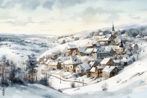Watercolor winter scenery with charming village on a hill. Horizontal seamless pattern. Generative AI