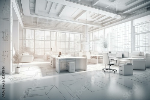 3D sketch of modern office with white furnishings. Generative AI © William