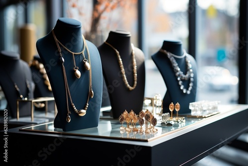 Boutique Display: Accessories and Jewelry Sets with Necklaces and Earrings. AI