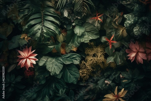 Background with lush foliage and floral prints. Generative AI