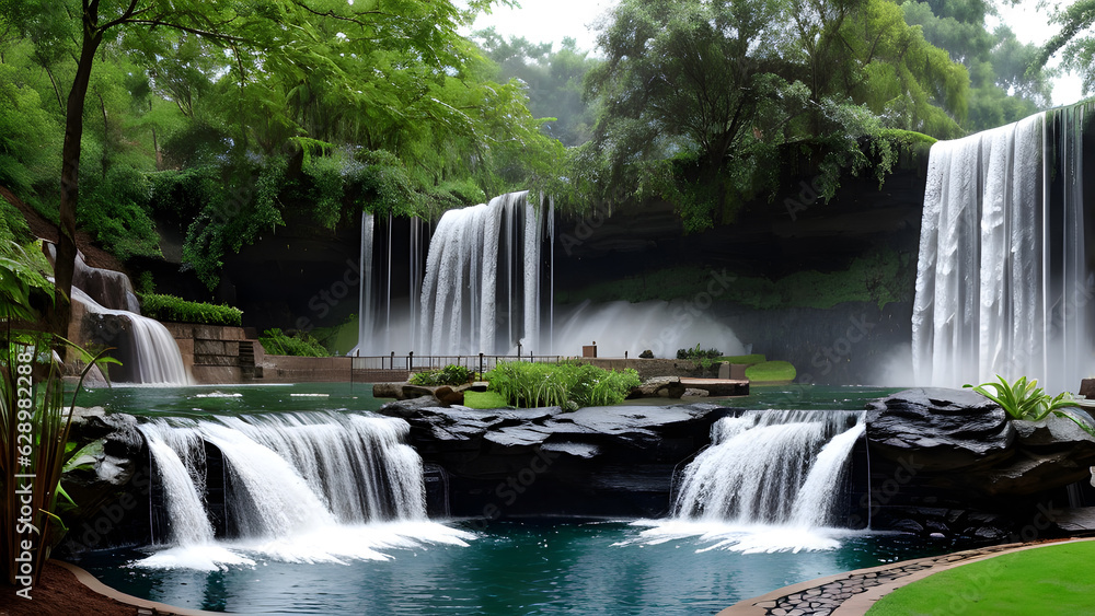 Scenic waterfall landscape in the park spring summer by green foliage of plants Scenic waterfall landscape in the park spring summer by green foliage of plants