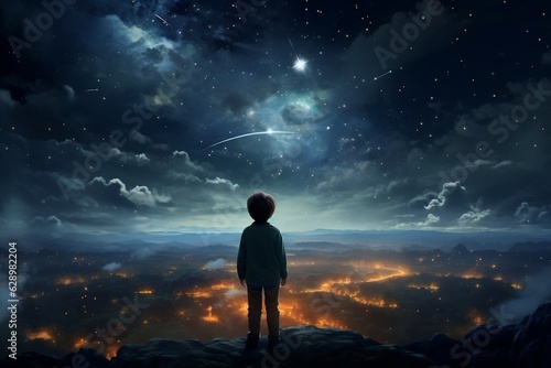 Young Astronomer Gazing at the Starry Night Sky - Rear View. AI