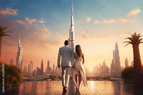 Obraz na płótnie Young couple traveling and walking in Dubai, United Arab Emirates