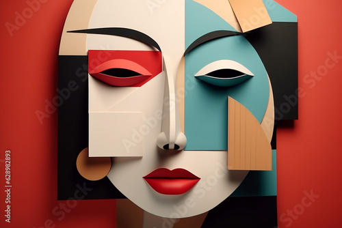 Beauty, fine art, fashion concept. Abstract modern art collage of woman portrait made of various and colorful geometric shapes. Generative AI photo