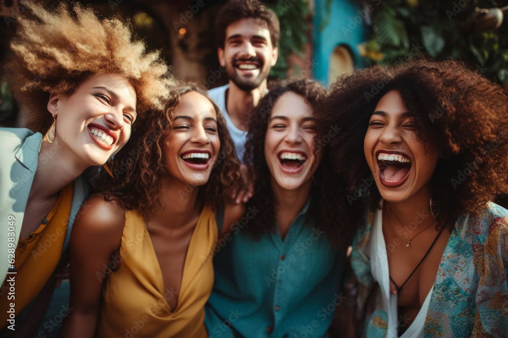 Lifestyle and friendship concept. Multi ethnic guys and girls spending time together. Happy life style friendship concept on young multicultural people having fun day together in city. Generative AI Lifestyle and friendship concept. Multi ethnic guys and girls spending time together. Happy life style friendship concept on young multicultural people having fun day together in city. Generative AI