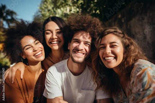 Lifestyle and friendship concept. Multi ethnic guys and girls spending time together. Happy life style friendship concept on young multicultural people having fun day together in city. Generative AI