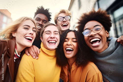 Lifestyle and friendship concept. Multi ethnic guys and girls spending time together. Happy life style friendship concept on young multicultural people having fun day together in city. Generative AI