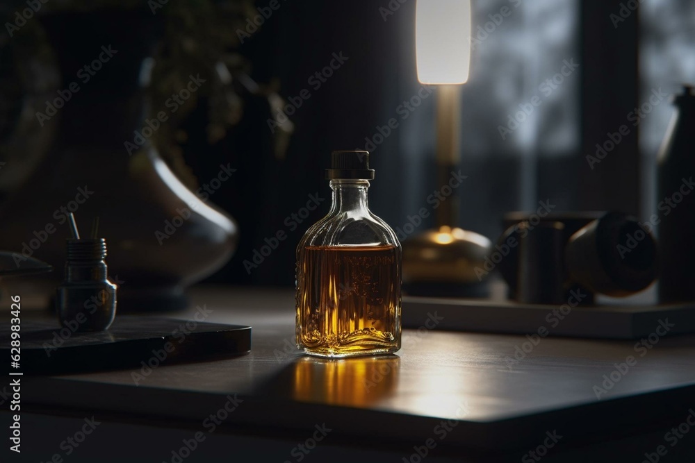 Oil bottle placed on the table. Generative AI
