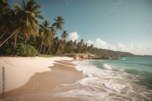 Idyllic sandy beach with palm trees and turquoise sea in the Caribbean. Generative AI