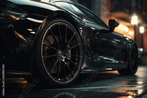 Close-up view of sleek black sports car front wheel featuring a stylish light alloy rim. Generative AI