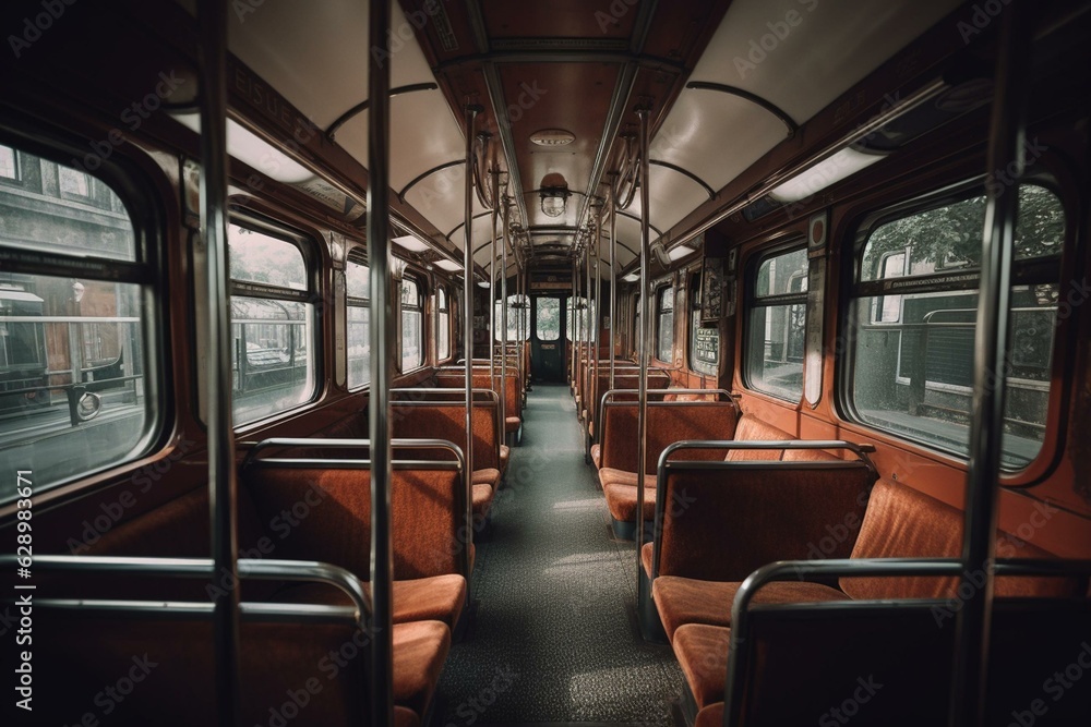 Unoccupied seats inside city tram. Generative AI